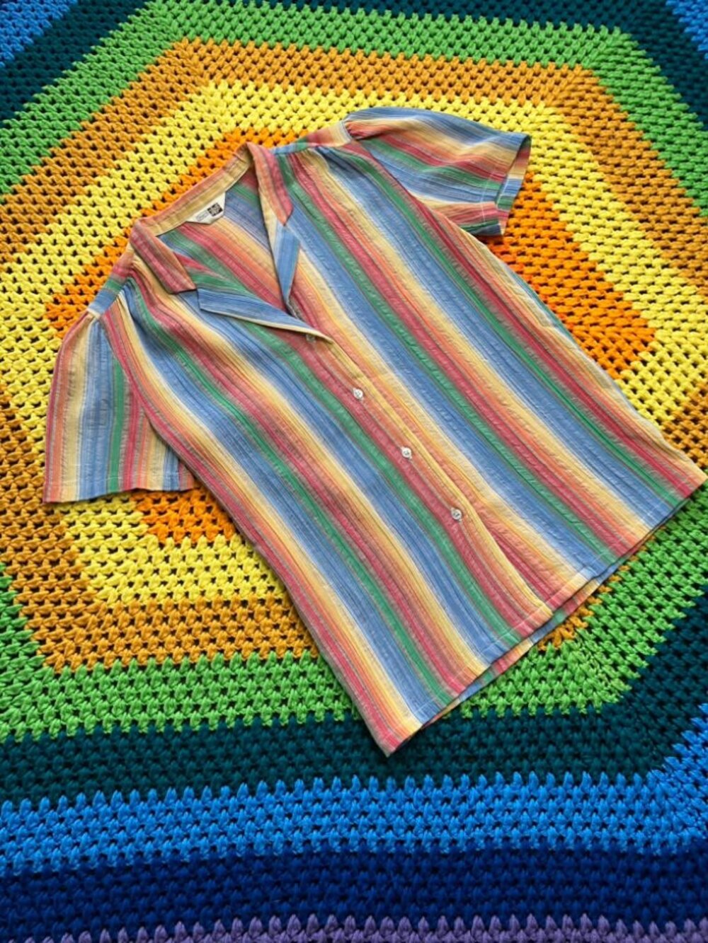 70's Vintage Sears Fashions Rainbow Stripe Seersucker Blouse Top